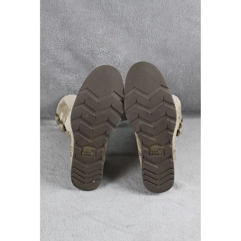 Sorel Boots Womens Size 7 Beige Suede Perforated Mid-Calf Slip On Buckle Logo